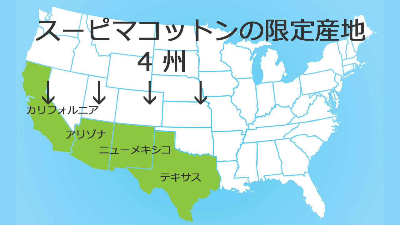 スーピマコットンの限定産地：カリフォルニア州、アリゾナ州、テキサス州、ニューメキシコ州